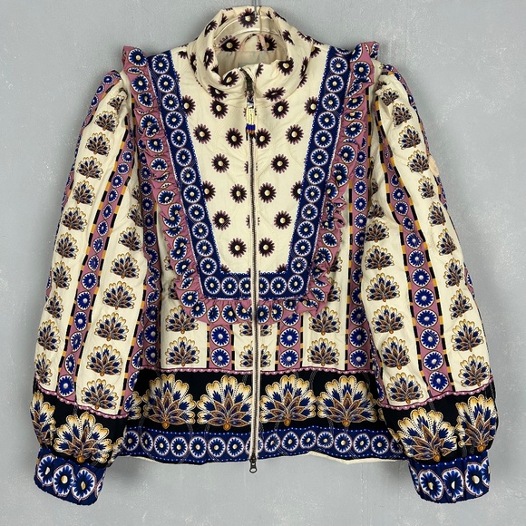 Farm Rio size XL Anika floral puffer jacket cream pink ruffle boho quilted NEW - Picture 1 of 15